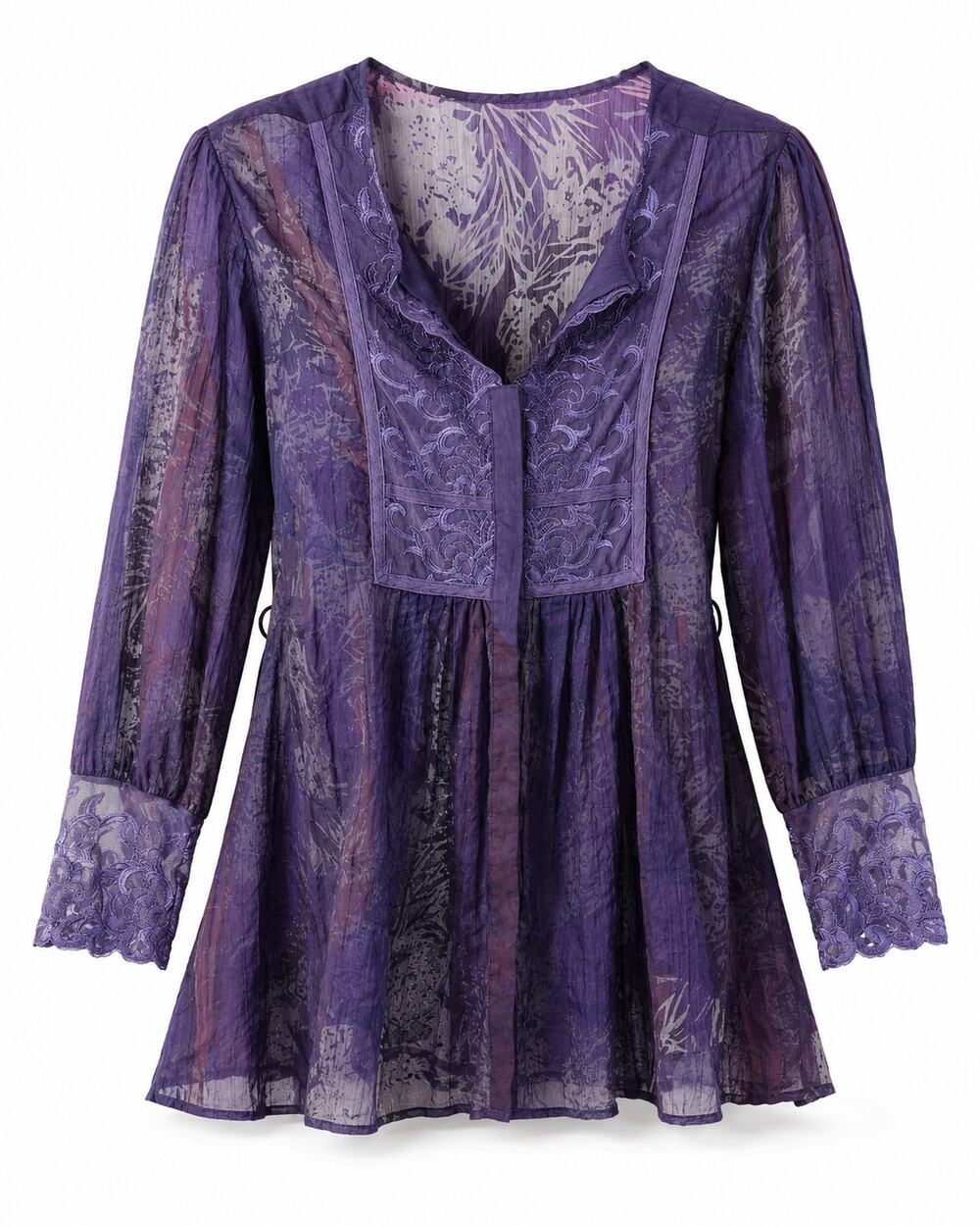 Coldwater Creek Purple Embroidered Sheer Tunic Blouse Fits Large